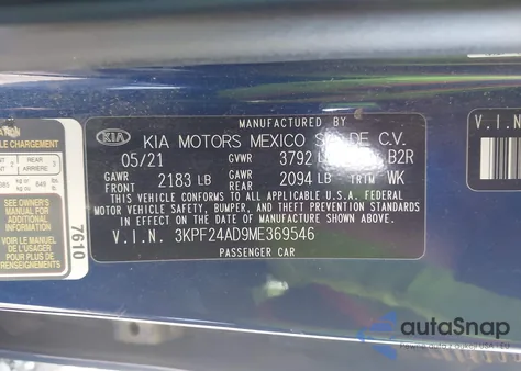 2021 Kia Forte Lxs z USA, uszkodzony, nr VIN 3KPF24AD9ME369546